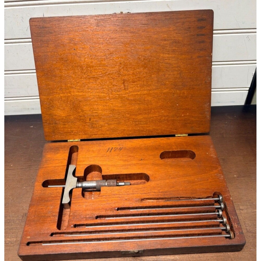Vintage Brown & Sharpe No. 607 Depth Micrometer Set w/(6) Rods in Wood Case USA